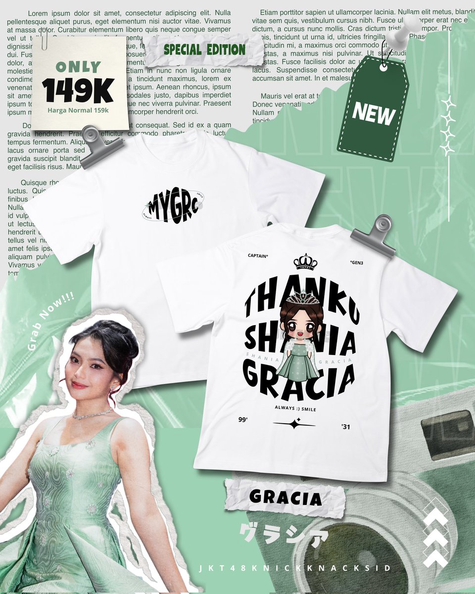 Jkt48knickknack's tweet photo. ✨ SPECIAL EDITION: GRACIA "THANK YOU" MERCHANDISE IS HERE! ✨ @S_GraciaJKT48

Untuk merayakan perjalanan Kapten kita, Shania Gracia! Tunjukkan dukunganmu dengan koleksi spesial ini.

👕 T-Shirt "Thank You Shania Gracia"
Tersedia dalam warna Hitam, Putih, &amp; Hijau Army. https://t.co/ggV13qpIcQ
