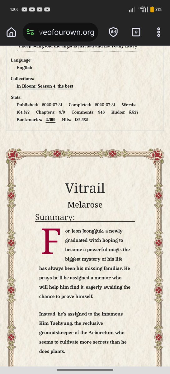 rec: vitrail by melarose
- one of the best fics i've read
- 164.8K words
- fantasy au/college au
- secret identities
- taekook are witches
- cw: tcd
- angst with a happy ending
- top tae/bottom jk
- the love that blooms between taekook is so soft and sweet
archiveofourown.org/works/25625530