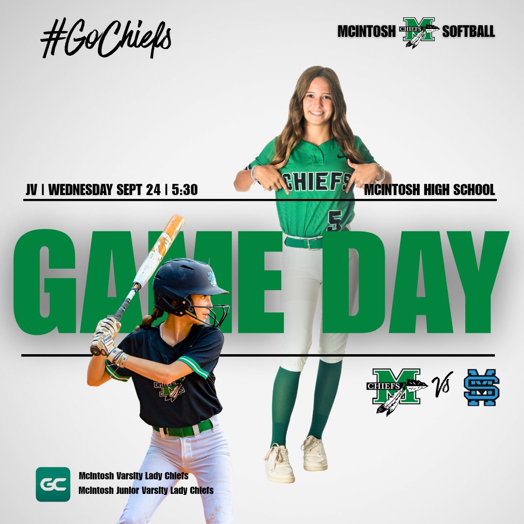 GAME DAY! 🥎 Your JV Lady Chiefs are back in action tonight as they take on the Starr’s Mill Panthers! 💚🖤 First pitch at 5:30 PM right here at McIntosh. Come out and cheer them on — let’s go, Chiefs! 🔥