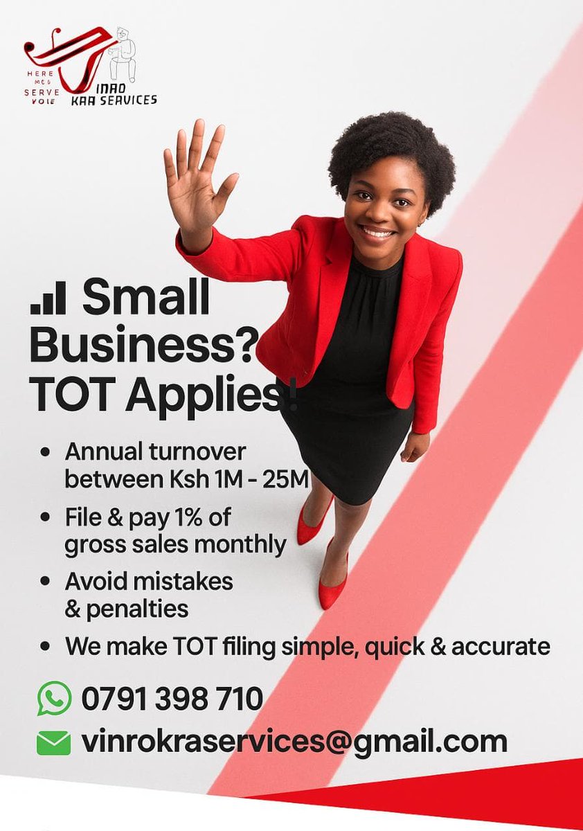📊 Small business? TOT applies if turnover is Ksh 1M–25M.
➡️ File 1% of gross sales monthly.
⚠️ Avoid errors &amp; penalties.
👉 We make TOT filing quick &amp; accurate.

📞 0791 398 710 | 📧 vinrokraservices@gmail.com
#TOT #TaxCompliance #VinroKRAServices