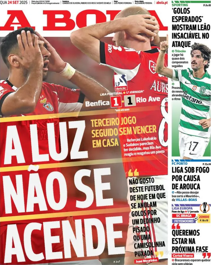 ActuSportsPT's tweet photo. Revue de presse :

⚽ Benfica – Troisième nul de suite à la Luz, attaque en panne.
🦁 Sporting – Trincão prolongation imminente.
🐉 Porto – Villas-Boas dénonce une illégalité contre Arouca.
🔥 Braga – Vicens exige le meilleur avant Feyenoord.
🟢 Rio Ave – Nul précieux à Lisbonne. https://t.co/Qh5nbC7lMa