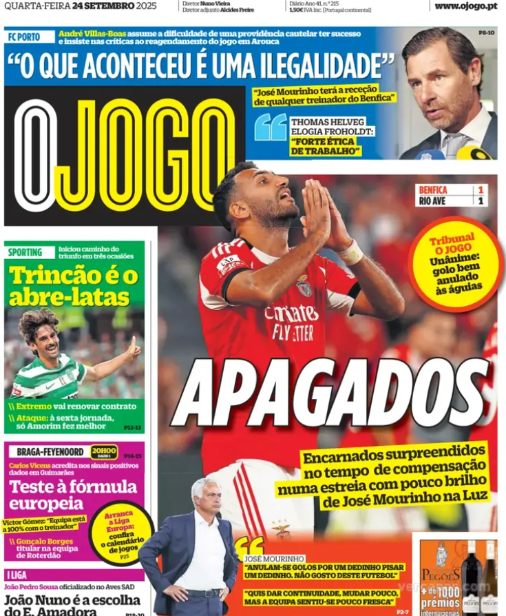 ActuSportsPT's tweet photo. Revue de presse :

⚽ Benfica – Troisième nul de suite à la Luz, attaque en panne.
🦁 Sporting – Trincão prolongation imminente.
🐉 Porto – Villas-Boas dénonce une illégalité contre Arouca.
🔥 Braga – Vicens exige le meilleur avant Feyenoord.
🟢 Rio Ave – Nul précieux à Lisbonne. https://t.co/Qh5nbC7lMa