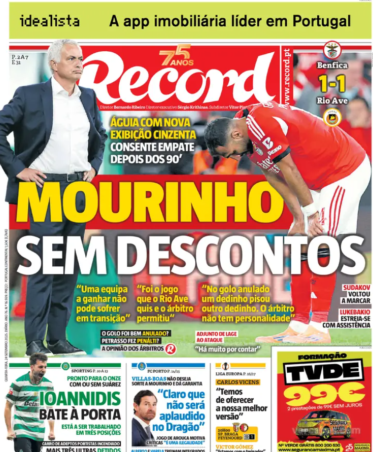 ActuSportsPT's tweet photo. Revue de presse :

⚽ Benfica – Troisième nul de suite à la Luz, attaque en panne.
🦁 Sporting – Trincão prolongation imminente.
🐉 Porto – Villas-Boas dénonce une illégalité contre Arouca.
🔥 Braga – Vicens exige le meilleur avant Feyenoord.
🟢 Rio Ave – Nul précieux à Lisbonne. https://t.co/Qh5nbC7lMa