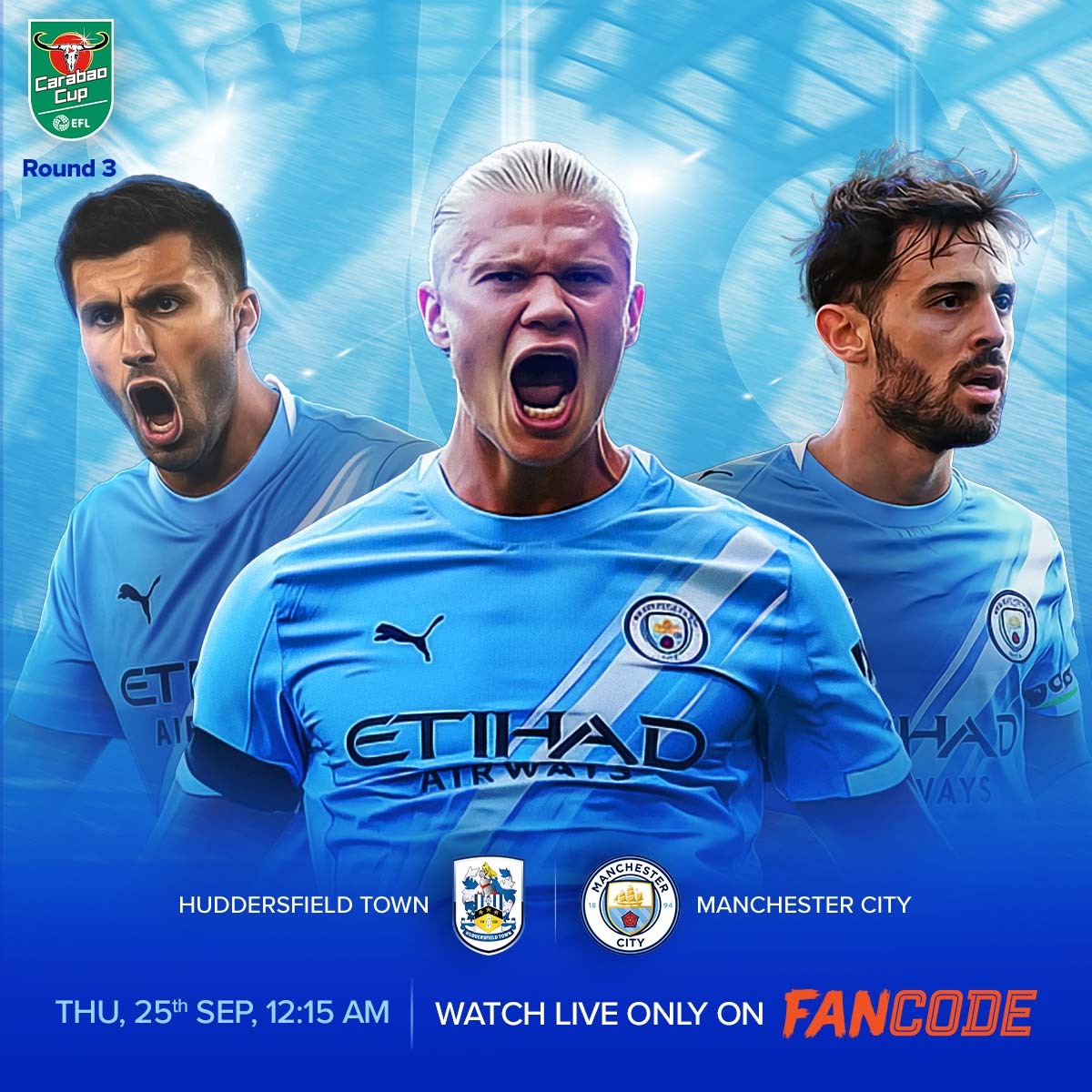ManCity will begin Carabao Cup campaign with an away game against Huddersfield Town in the third round. Watch all the action live only on <a href="/FanCode/">FanCode</a>  - fancode.onelink.me/tTJR/eslunnvf
Avail 20% Off on the Manchester City Team Pass. Use Code - PEPCUP20
#CarabaoCup #CarabaoCupOnFanCode