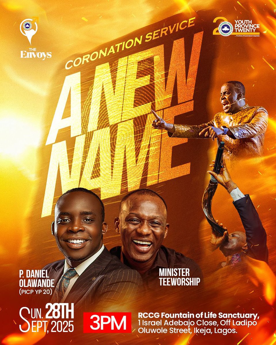 The Lord is set to give us a new name at the Envoys and YP 20

Don't miss this prophetic coronation service on Sunday. It is going to be very powerful.

Come with a list of names you don't want to bear anymore (e.g., sick, poor, weak) written on a paper and another plain paper to