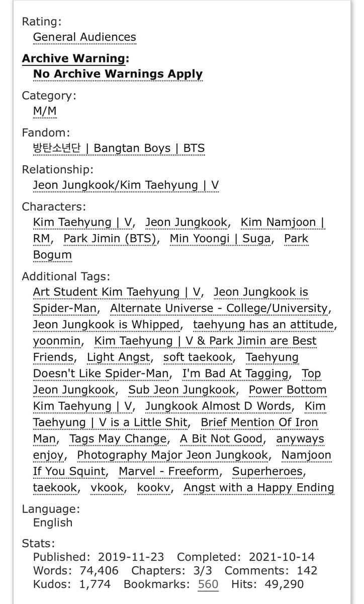 Mari ~ taekook fic recs (@tkookficrecs) on Twitter photo My Hero Spidey by <a href="/vantaegukk/">maya • writing</a>
• 74’406 words | mature 🔞
• spideykook x art student tae
• roommates taekook
• one sided hate to love
• crack, fluff, angst
• JK is in unrelenting flirt 😭 and tae is a lil shit truly
archiveofourown.org/works/21536095 My Hero Spidey by <a href="/vantaegukk/">maya • writing</a>
• 74’406 words | mature 🔞
• spideykook x art student tae
• roommates taekook
• one sided hate to love
• crack, fluff, angst
• JK is in unrelenting flirt 😭 and tae is a lil shit truly
archiveofourown.org/works/21536095