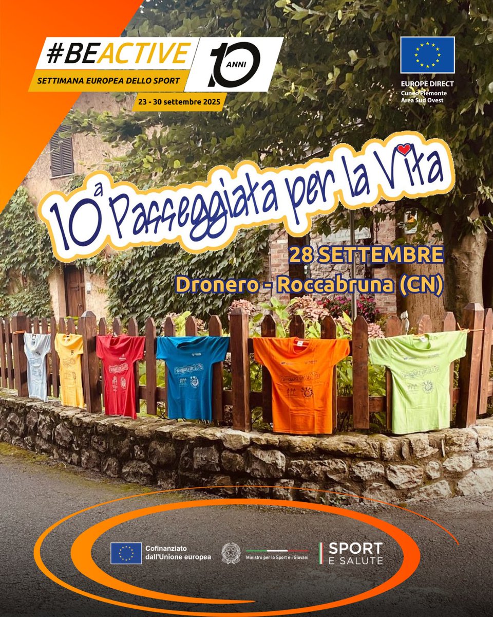 𝑺𝒆𝒕𝒕𝒊𝒎𝒂𝒏𝒂 𝑬𝒖𝒓𝒐𝒑𝒆𝒂 𝒅𝒆𝒍𝒍𝒐 𝑺𝒑𝒐𝒓𝒕 2025 
Domenica 28 settembre, il Centro Europe Direct di Cuneo parteciperà alla 10^ Passeggiata della Vita tra Dronero e Roccabruna.