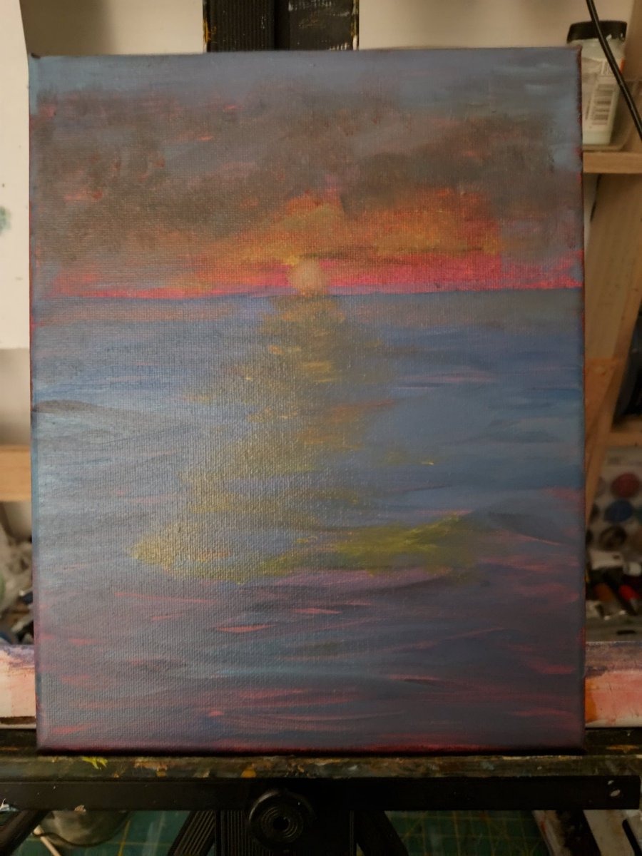 parider416's tweet photo. Diving into these sunset hues. There's something so captivating about the calm of the sea meeting the fiery sky. Still building up the layers here, but the mood is setting in. ✨ #oilpainting #Serotonin #ColorPalette #MoodPainting #Seascape #AbstractSunset #ArtisticProcess" https://t.co/yCottb95bR