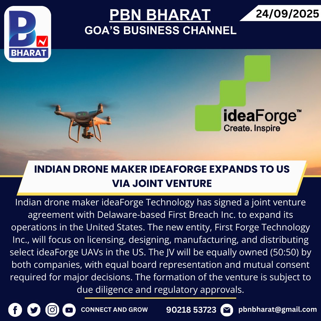 PBNBHARAT's tweet image. Indian Drone Maker ideaForge Expands to US via Joint Venture
#ideaForge #FirstBreach #DroneTechnology #UAV #USMarket #IndianTech #AerospaceInnovation #JointVenture #MakeInIndia
