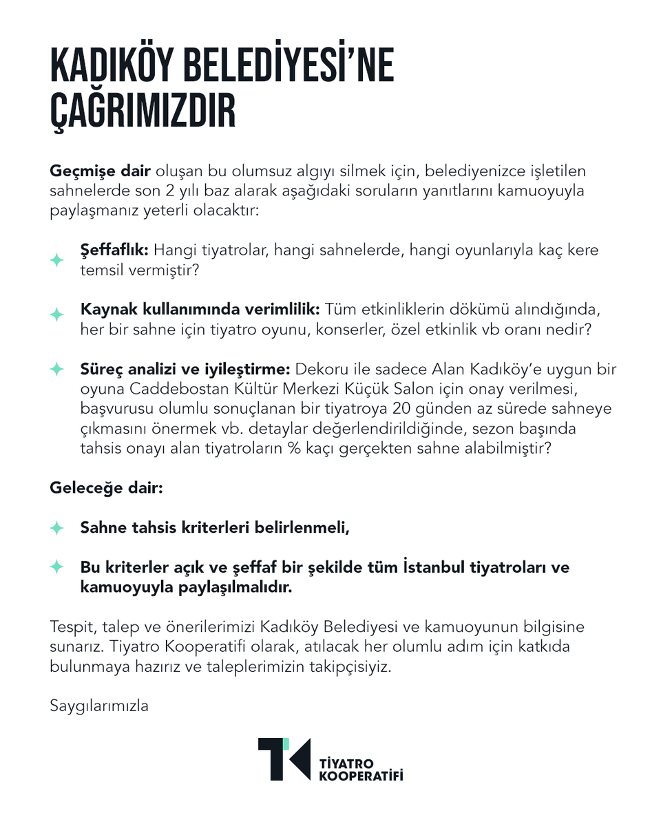 Tüm belediye sahneleriyle birlikte Kadıköy Belediyesi’nin (<a href="/kadikoybelediye/">Kadıköy Belediyesi</a>) sahneleri de kamuya aittir.

Kamu kaynaklarının yönetiminde şeffaflık esastır!
Şeffaflık yoksa, güven tesis edilemez.

Kadıköy Belediyesi’nin kamu kaynaklarıyla işlettiği Alan Kadıköy, Caddebostan Kültür
