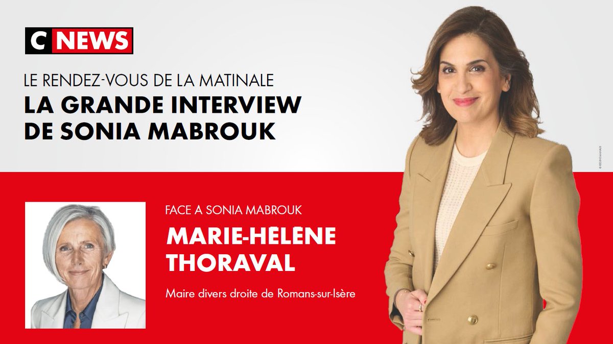 ⏰#𝗟𝗮𝗚𝗿𝗮𝗻𝗱𝗲𝗜𝗧𝗪 de 𝗦𝗼𝗻𝗶𝗮 𝗠𝗔𝗕𝗥𝗢𝗨𝗞, votre rendez-vous quotidien de #LaMatinale <a href="/CNEWS/">CNEWS</a> <a href="/Europe1/">Europe 1</a> à 𝟴𝗛𝟭𝟬 

<a href="/MH_Thoraval/">mh_thoraval</a>, maire divers droite de Romans-sur-Isère, sera l'invitée de <a href="/SoMabrouk/">Mabrouk Sonia</a>, ce jeudi 25 septembre
