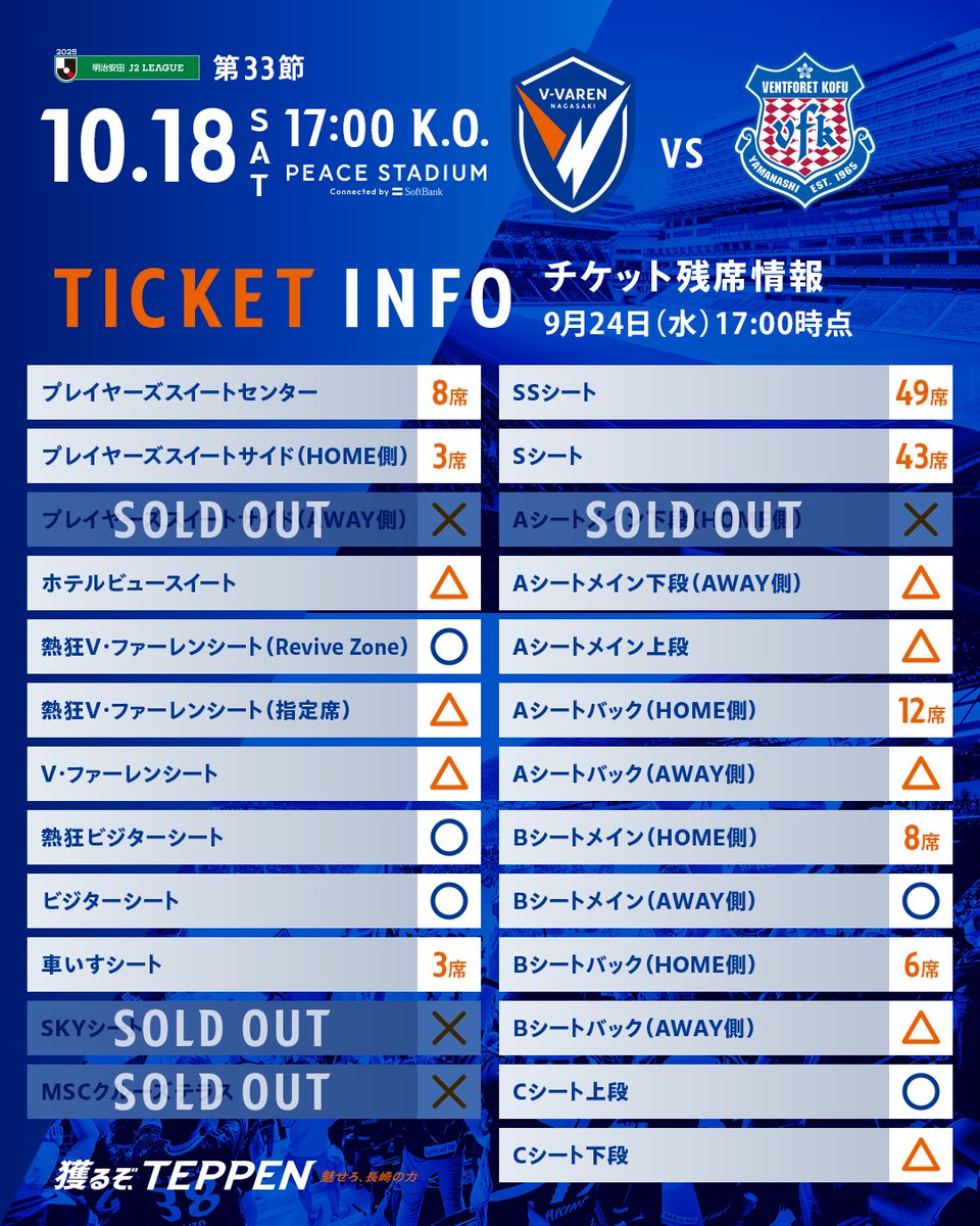 🔷10/18甲府戦 チケット情報🔶 【9/24(水)17:00時点 残席情報】 