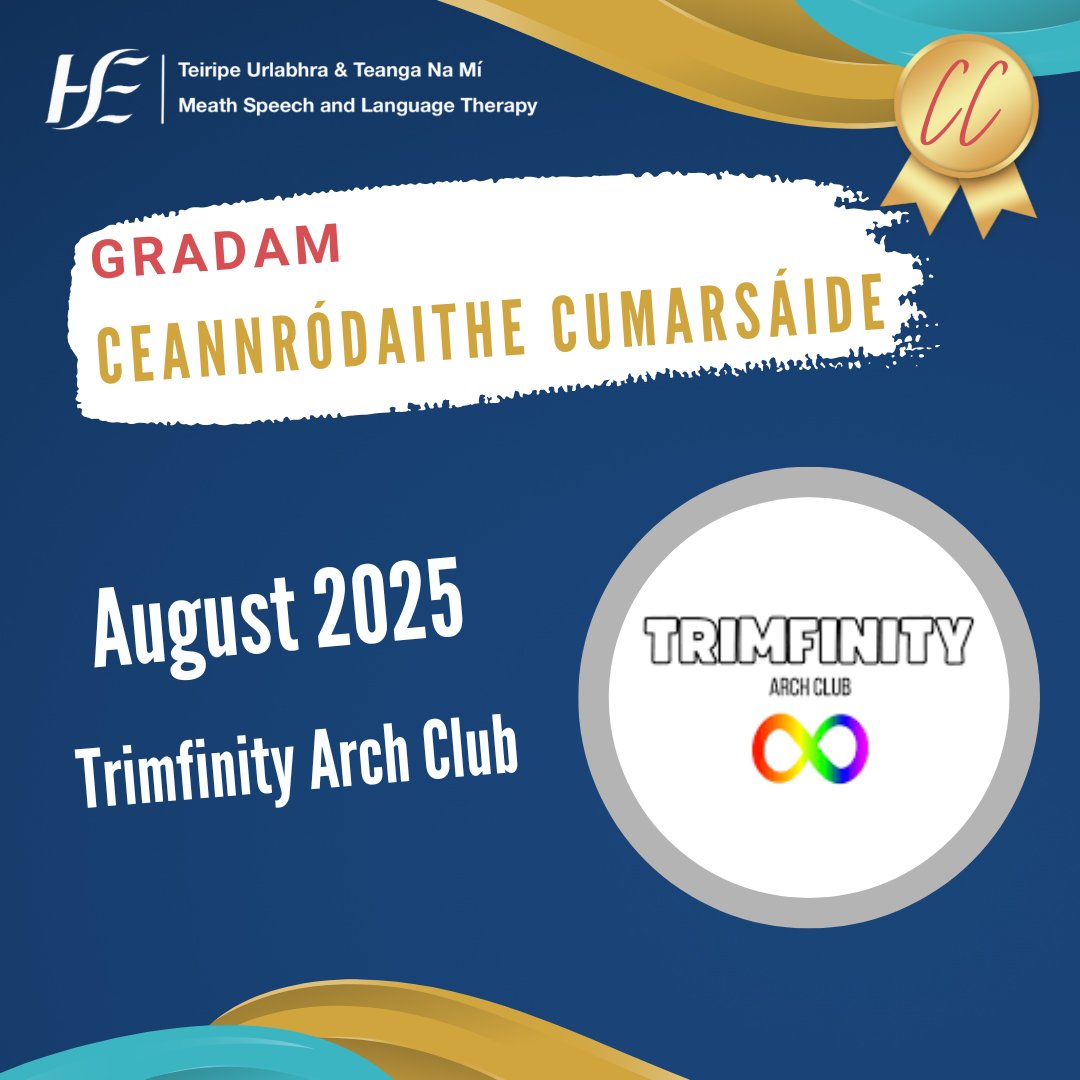 🎉Gradam Ceannródaithe Cumarsáide🎉

Our August recipient is:

Trimfinity Arch Club!

Based in Trim, they are a social club for primary school aged children with additional needs.

#ArchClub #MeathSLT #SLT #SLP #Inclusion #Acceptance #Communication #Neurodivergent #Neurodiversity