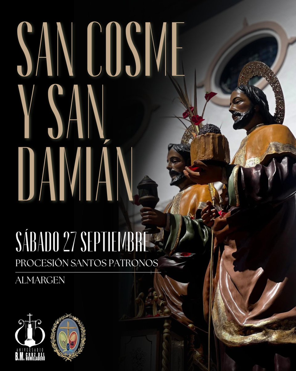 // 📣 𝑶𝑭𝑰𝑪𝑰𝑨𝑳 // 

El próximo sábado 27 acompañaremos por segundo año consecutivo a <a href="/SCosme_SDamian/">San Cosme y San Damián Almargen</a> por las calles de su pueblo en su Procesión Gloriosa. 

#CofradíasMLG #SuenaCruzHumilladero
