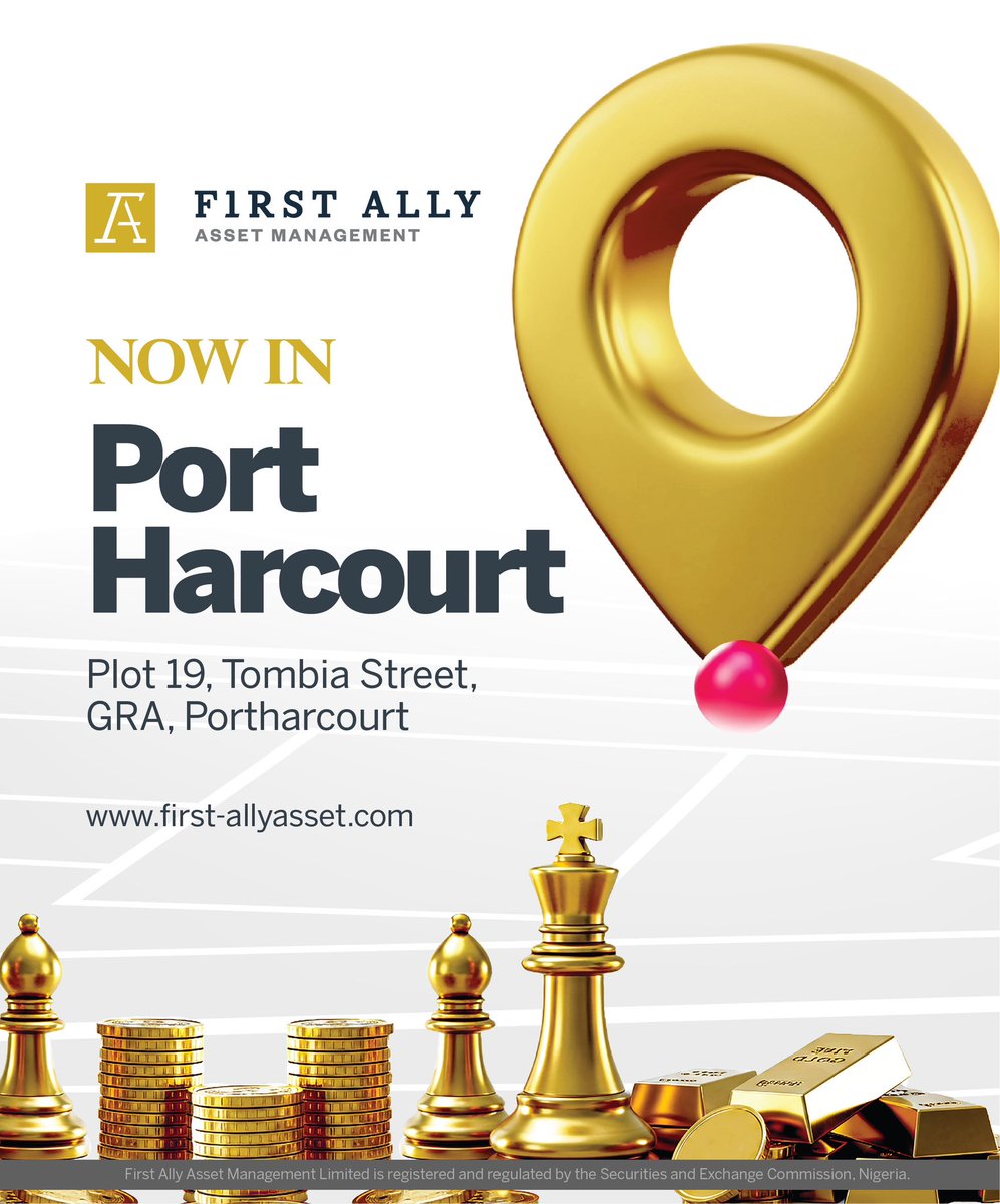 You guessed it right — Port Harcourt!

We’re thrilled to announce that First Ally Asset Management is now in the Garden City.

Visit us at Plot 19, Tombia Street, GRA, Port Harcourt.

Same trusted expertise, let’s grow wealth together.

#FirstAlly #PortHarcourt #Newlocation