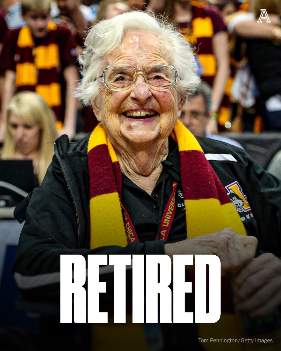 TheAthletic's tweet image. A college basketball icon is calling it a career 👏

Sister Jean has retired from her official campus duties at Loyola Chicago weeks after celebrating her 106th birthday, she confirmed to @PhoenixLoyola.