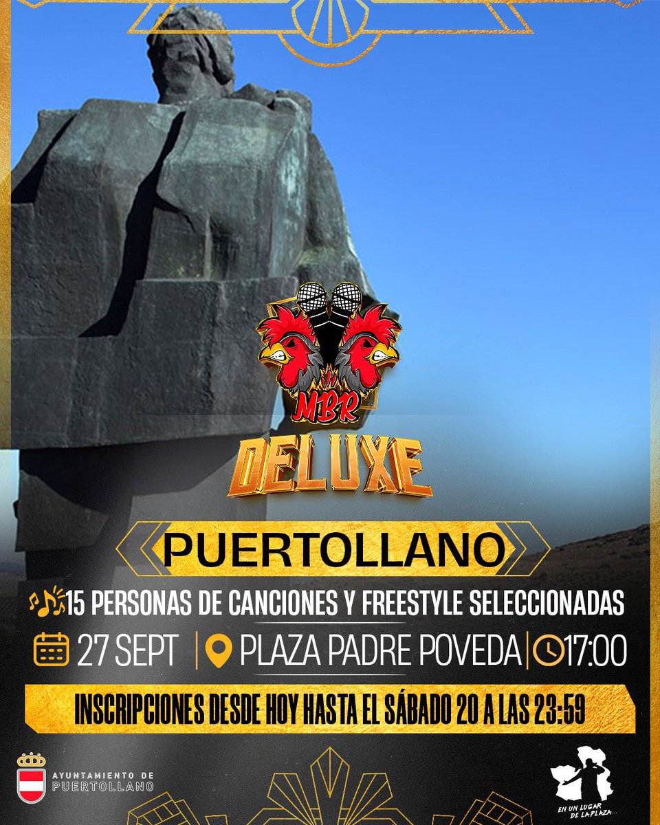 ¡MBR DELUXE! 🎤

15 artistas mostrarán lo mejor de sus canciones y freestyle en un evento que no te puedes perder 😎✨

📅 Cuándo: 27 de septiembre
📍 Dónde: Plaza Padre Poveda
⏰ Hora: 17:00

📝 Inscripciones abiertas desde hoy hasta el sábado 20 a las 23:59.