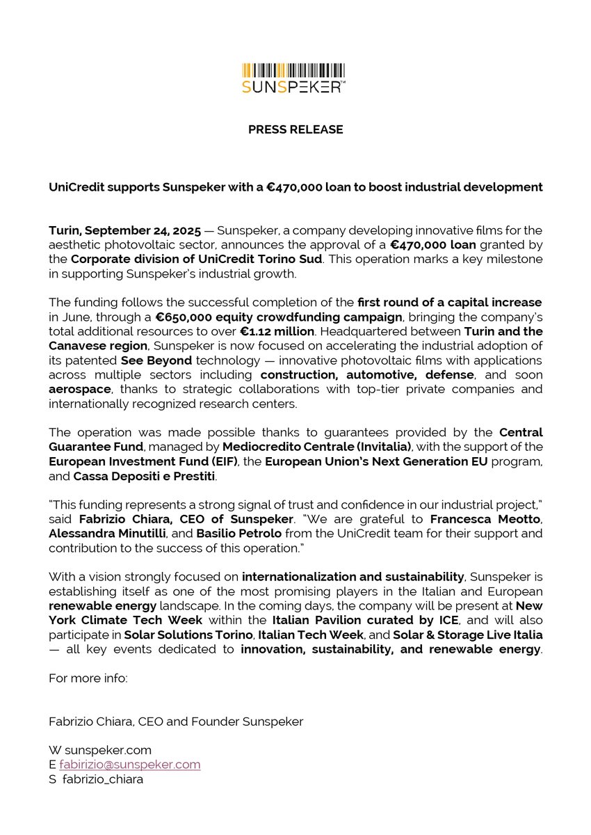 🚨#FundingAlert
#UniCredit sostiene #Sunspeker con un finanziamento da 470k € per potenziare lo sviluppo industriale di #SeeBeyond nel #fotovoltaico, dopo la campagna di crowdfunding da 650k € di giugno.
🙌Grazie a #FrancescaMeotto, #AlessandraMinutilli e #BasilioPetrolo.