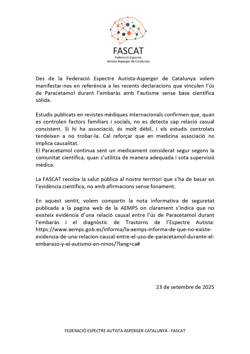 La@FedAspergerCat manifestem el rebuig i preocupació envers les declaracions poc riguroses  sobre l'origen i el tractament del TEA. Recomanem la nota informativa de seguretat de AEMPS així com art de@LaVanguardia: lavanguardia.com/vida/20250924/…
#asperger #TEA