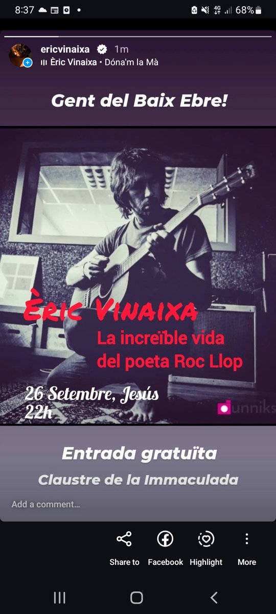 "La increïble vida del poeta Roc Llop". 
Un espectacle preciós que ha girat per tota Catalunya. On la gent (especialment la més gran) surt remoguda i emocionada.
Divendres 26S, al claustre de la Immaculada de Jesús (Baix Ebre) a les 22h.
Entrada #gratuïta.