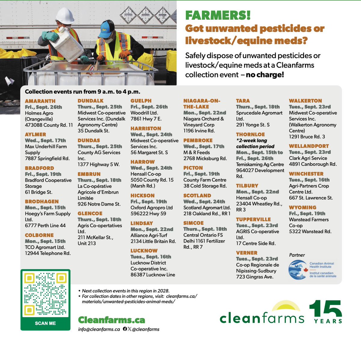 OntarioFarms's tweet photo. Collection events to safely dispose of unwanted agricultural pesticides and obsolete livestock and equine medications are happening in Ontario now, with the next round not coming until 2028.
If you missed the event in your area, make sure to check our list to see if there's another nearby! https://t.co/JU4iQ3C5pU