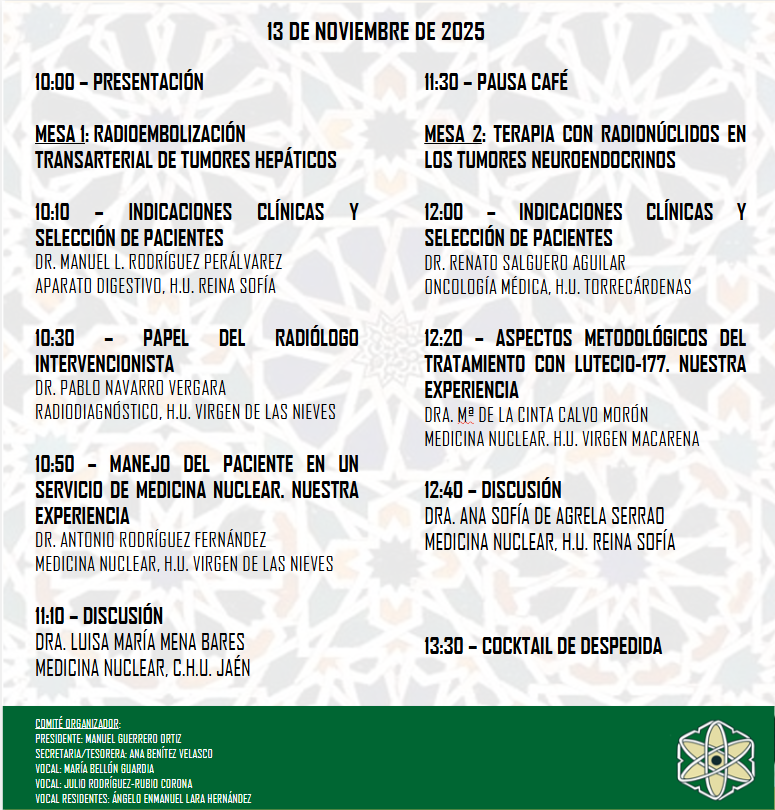 Curso de Otoño 2025 de la Sociedad Andaluza de Medicina Nuclear. 
Será en Granada el próximo 13 de noviembre y tratará sobre Terapia en Medicina Nuclear. 
Inscripciones abiertas: samn.es/curso-de-otono…