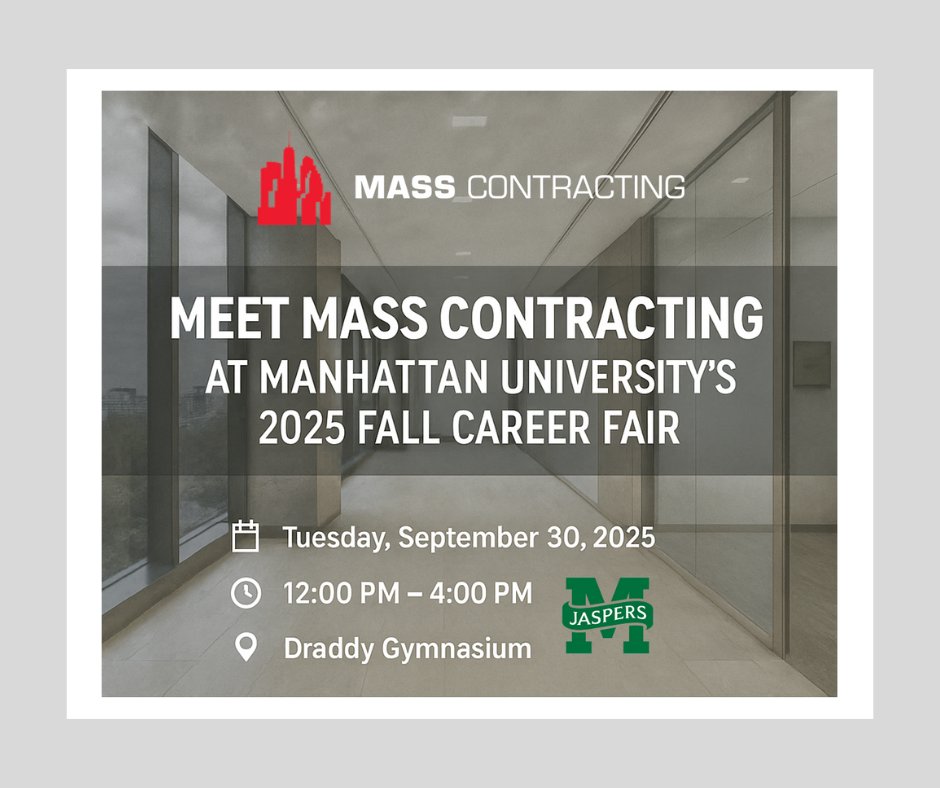 We’re excited to join <a href="/ManhattanEdu/">Manhattan University</a>'s 2025 Fall Career Fair on September 30th at Draddy Gymnasium! 

Stop by our booth to meet #TeamMass and explore exciting career opportunities.🎓✨

Proudly #BuildingYourFutureToday!

#CareerFair #MassContracting #ConstructionCareers
