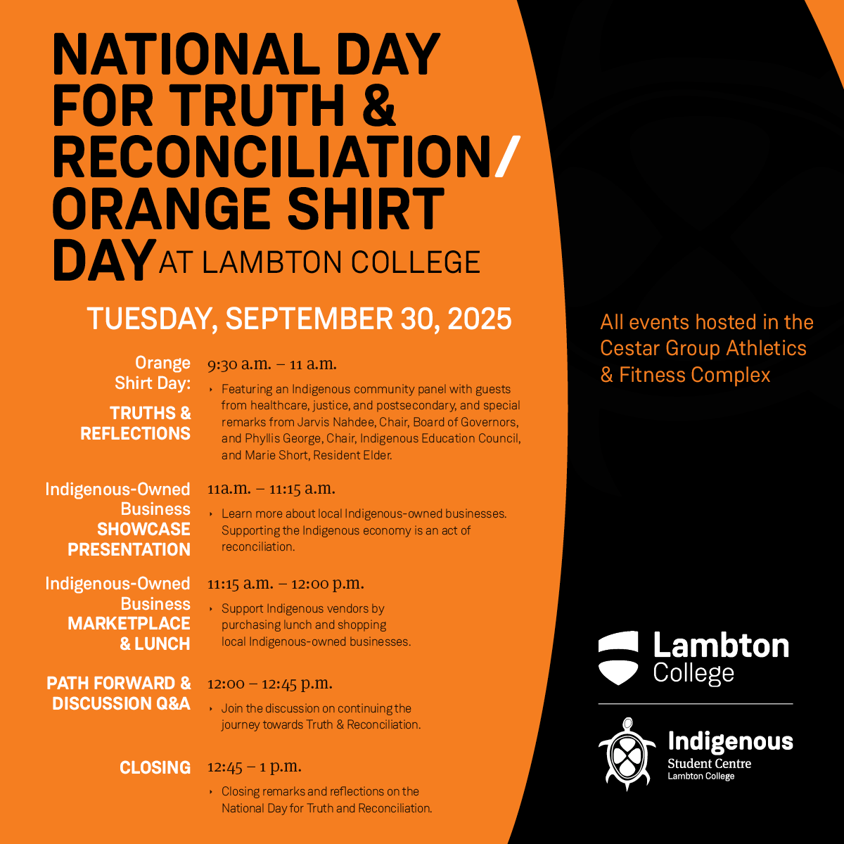 LambtonCollege's tweet photo. 📣 Students, mark your calendars! Next week, we gather on campus for the National Day for Truth and Reconciliation.

🧡 Tuesday, September 30
🕤 9:30 AM – 1:00 PM
📍 Athletics &amp; Fitness Complex

Your presence is a step toward reconciliation. 
#NDTR #EveryChildMatters https://t.co/FCe5VDAOXy