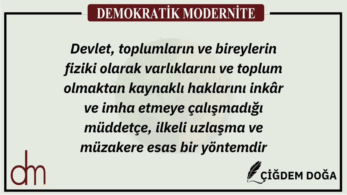 “Ulus-Devlet Çıkmazı ve Demokratik Konfederalizm” dosya konulu 51. Sayımızda Çiğdem Doğa’nın “Kadın Öncülüğünde İnşa Edilen Demokratik Konfederalizm” yazısı…
demokratikmodernite.org/kadin-onculugu…