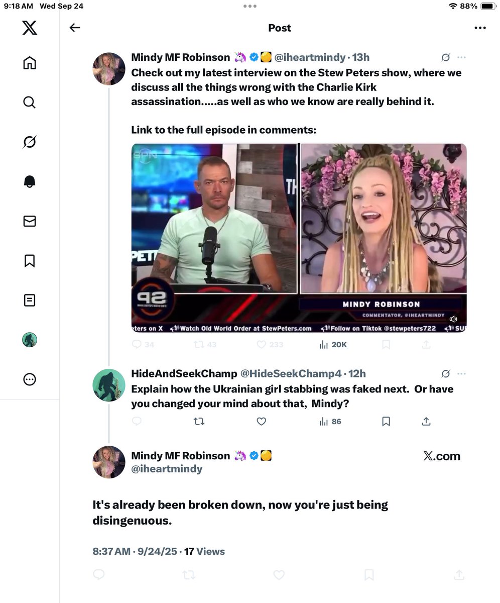 Mindy immediately stated that the Ukrainian girl stabbing was faked.  Now she says she never reacts right away until she gets all the facts.  She blocked me.