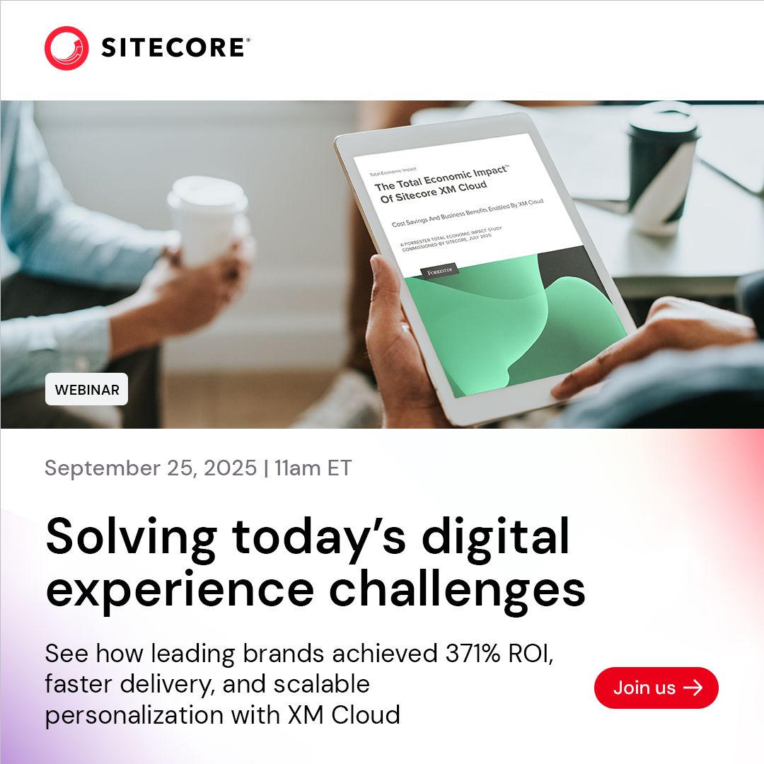 Sitecore's tweet image. Tomorrow is the day! Drake Lenhan hosts a powerhouse panel with Forrester analysts Chuck Gahun and Erach Desai to unpack the Total Economic Impact™ study of Sitecore XM Cloud.
If you’re thinking about migration, adoption, or SaaS-native CMS, be there!  siteco.re/4moEnGF