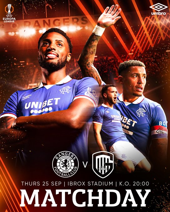 Three Rangers FC players in blue jerseys with Unibet and Umbro logos, posing dynamically. One player stands with arms crossed, another raises an arm in celebration, and a third is captured mid-action. The background shows a stadium with Rangers FC branding and Europa League logos. Text overlays include Rangers FC vs KRC Genk, Ibrox Stadium, and match details.