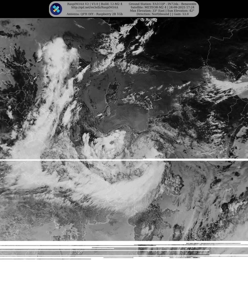 monforra's tweet image. Ground Station: EA1CQP - IN72da - Benavente METEOR-M2 4 24-09-2025 15:43 CEST Max Elev: 33° E Sun Elevation: 42° Gain: 53.0 | Northbound
#NOAA #MeteorM2_3 #MeteorM2_4 #weather #weathersats #APT #LRPT #wxtoimg #MeteorDemod #rtlsdr #gpredict #raspberrypi