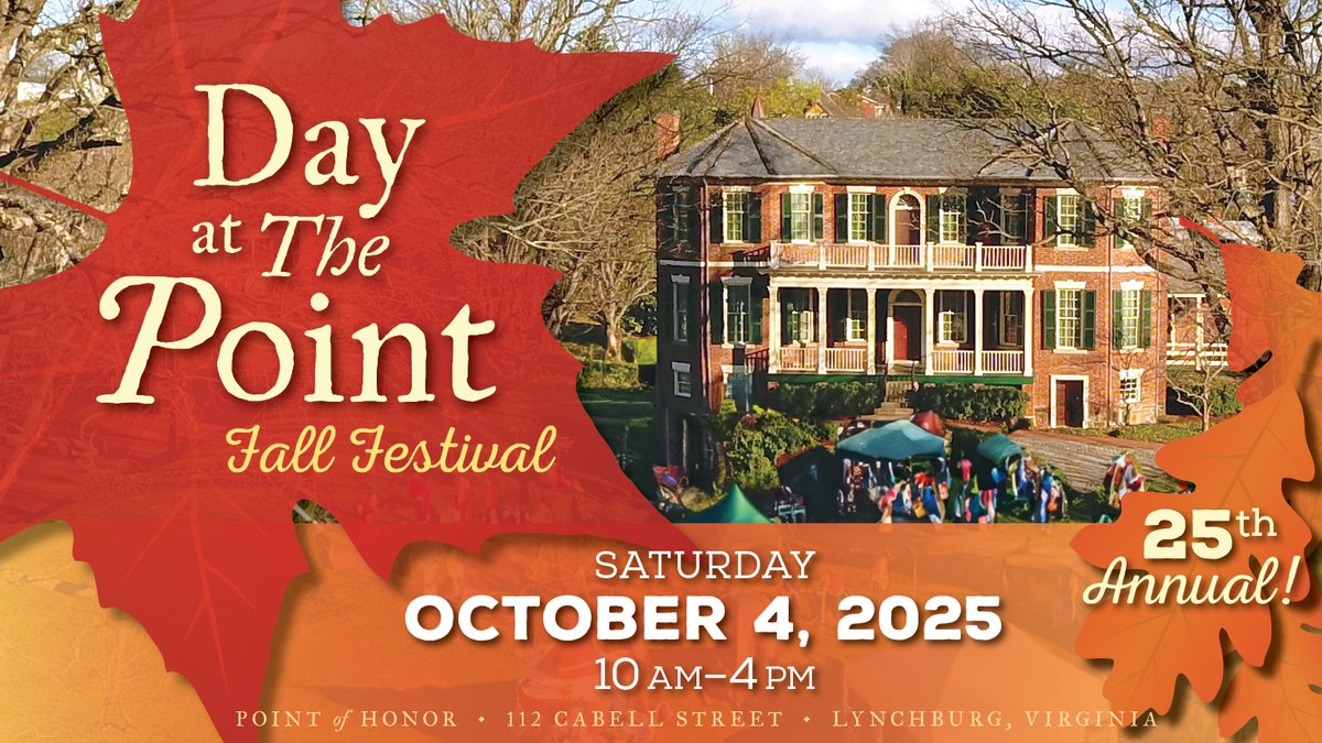 WendellWalkerVA's tweet photo. Mark your calendars for the 25th Annual Day at the Point Fall Festival at Point of Honor on October 4, 10 am-4 pm. Hosted by @LburgMuse, the event features historic demonstrations, local food vendors, house tours, and activities for all ages. It's FREE and open to the public! https://t.co/o6GPFe6wYT