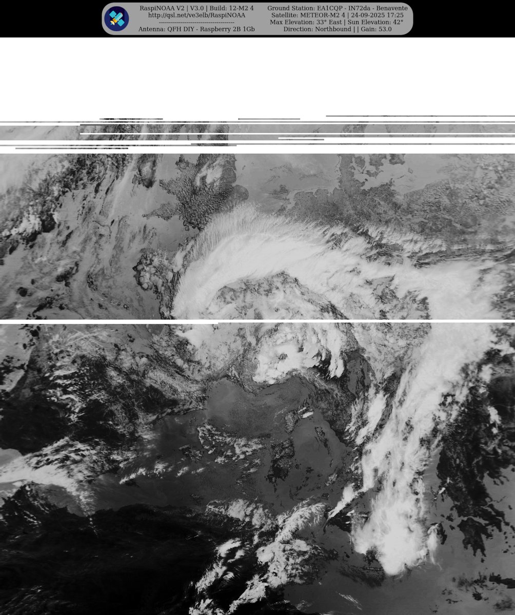 monforra's tweet image. Ground Station: EA1CQP - IN72da - Benavente METEOR-M2 4 24-09-2025 15:43 CEST Max Elev: 33° E Sun Elevation: 42° Gain: 53.0 | Northbound
#NOAA #MeteorM2_3 #MeteorM2_4 #weather #weathersats #APT #LRPT #wxtoimg #MeteorDemod #rtlsdr #gpredict #raspberrypi