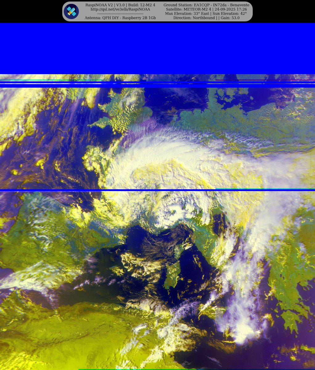 monforra's tweet image. Ground Station: EA1CQP - IN72da - Benavente METEOR-M2 4 24-09-2025 15:43 CEST Max Elev: 33° E Sun Elevation: 42° Gain: 53.0 | Northbound
#NOAA #MeteorM2_3 #MeteorM2_4 #weather #weathersats #APT #LRPT #wxtoimg #MeteorDemod #rtlsdr #gpredict #raspberrypi