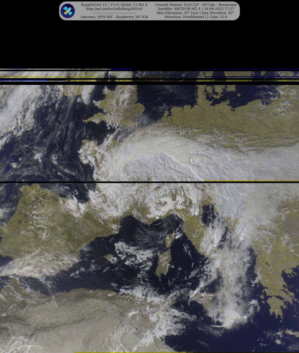 monforra's tweet image. Ground Station: EA1CQP - IN72da - Benavente METEOR-M2 4 24-09-2025 15:43 CEST Max Elev: 33° E Sun Elevation: 42° Gain: 53.0 | Northbound
#NOAA #MeteorM2_3 #MeteorM2_4 #weather #weathersats #APT #LRPT #wxtoimg #MeteorDemod #rtlsdr #gpredict #raspberrypi