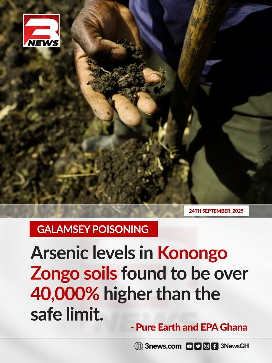 Environmental agencies report extreme arsenic pollution in Konongo Zongo, with soil contamination levels measuring 40,000% above acceptable safety thresholds due to illegal mining operations.

#TV3GH #3NewsGH