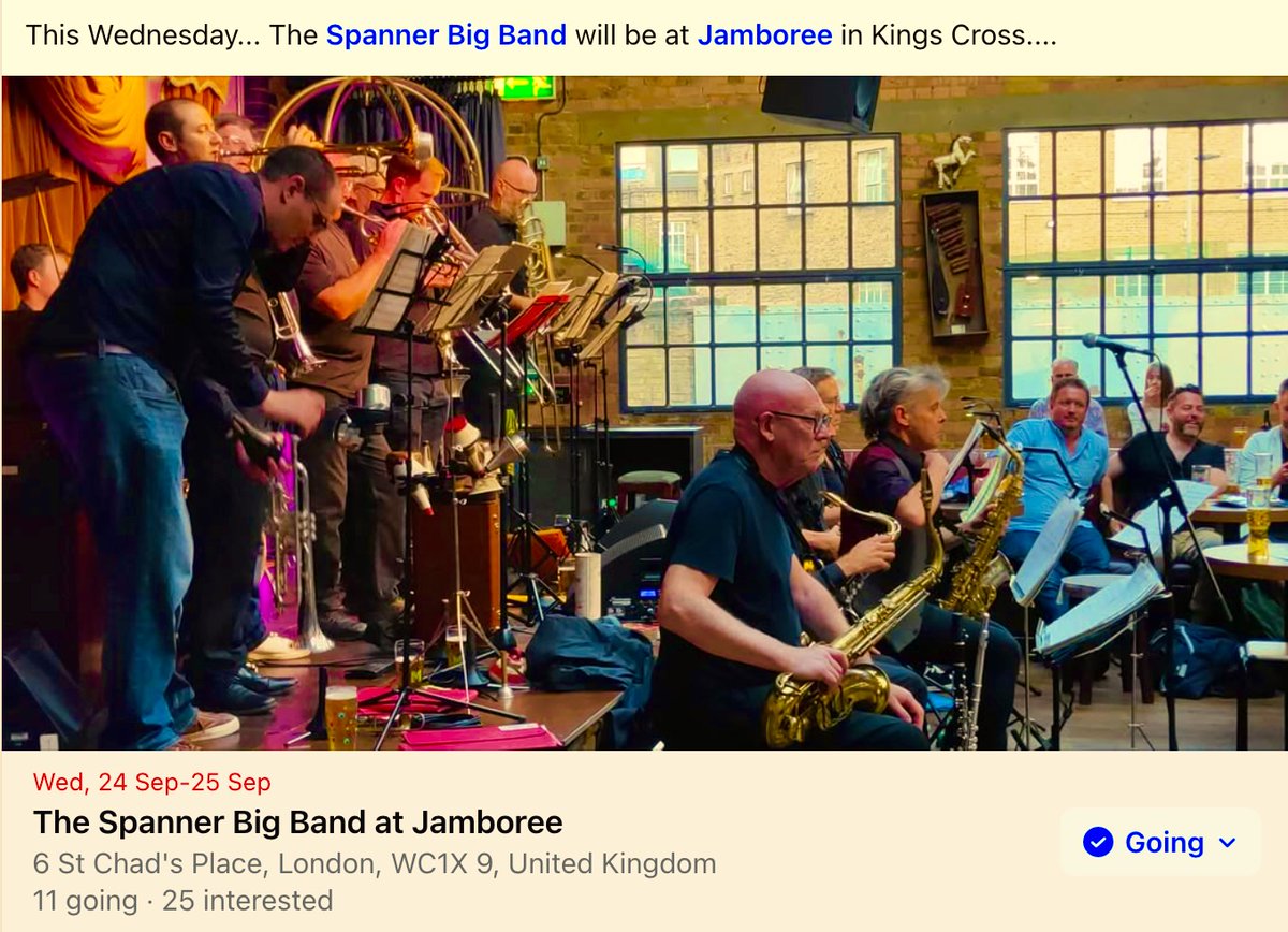 danspanner's tweet image. TONIGHT!!! 24th September...
The Spanner Big Band at Jamboree in Kings Cross... music starts at 8.30pm... FREE...