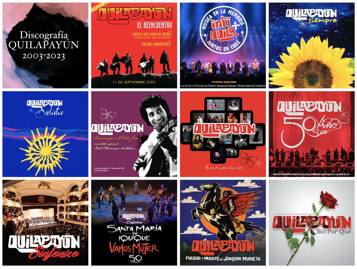 Discos 2003-2023

2003: El Reencuentro
2005: Inti+Quila
2007: Siempre
2009: Solistas
2012: Homenaje a Víctor Jara
2013: Encuentros
2015: 50 Años
2018: Quilapayún Sinfónico
2021: Cantata Sta María de Iquique (Vamos Mujer)
2022: Fulgor y Muerte de Joaquín Murieta
2023: Sin Por Qué