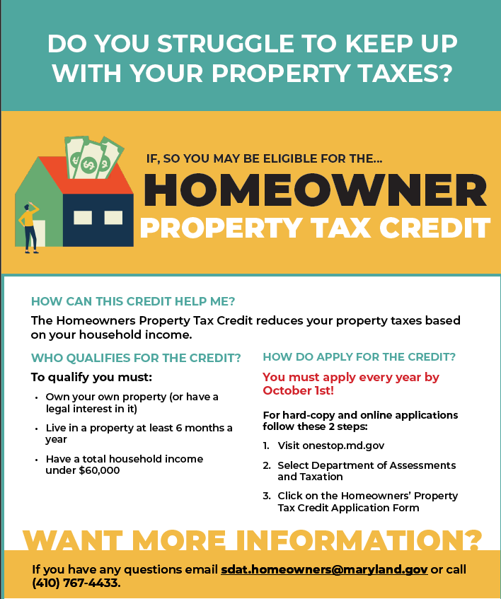 The deadline to apply for the Homeowners' Property Tax Credit is Oct 1st! If you're a homeowner with an annual income of $60K or less, you may be eligible. Begin the application and submit it before the deadline. For more info and the application: dat.maryland.gov/realproperty/p…