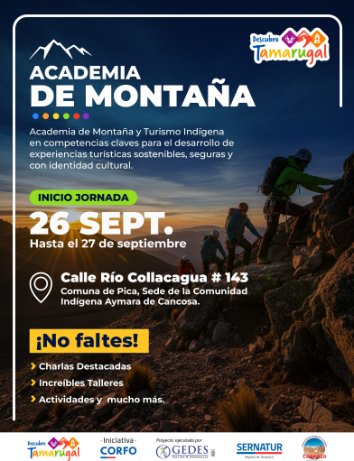 📢🦙Academia de Montaña🌵 🗻
En Pica se desarrollará la Academia de Montaña y Turismo Indígena del programa Descubre Tamarugal. Apoya Corfo. Ejecuta Gedes. Hacia un turismo territorial, sostenible y con identidad.
¡Participa! Detalles en gráfica 👇
#Iquique #Tamarugal
💪🚀🌎✅