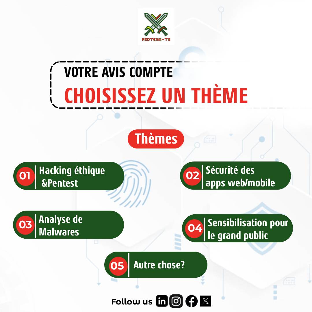Le #CyberMonth2025, c'est VOTRE événement ! Dites-nous tout !

Suite à l'annonce de notre prochain CyberMonth, nous passons à l'étape la plus importante : la création du programme. Et pour cela, nous avons besoin de vous !
#CyberMonth2025 #CyberMonthTG #CybersécuritéTogo #SecNum