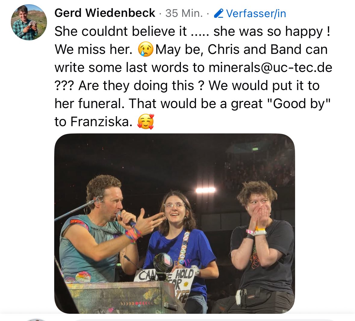 Jenny_SparksJoy's tweet photo. @coldplay - Would you write a Good Bye mail for Franziska? ❤️🕊️ https://t.co/HjxCtH3G6Q