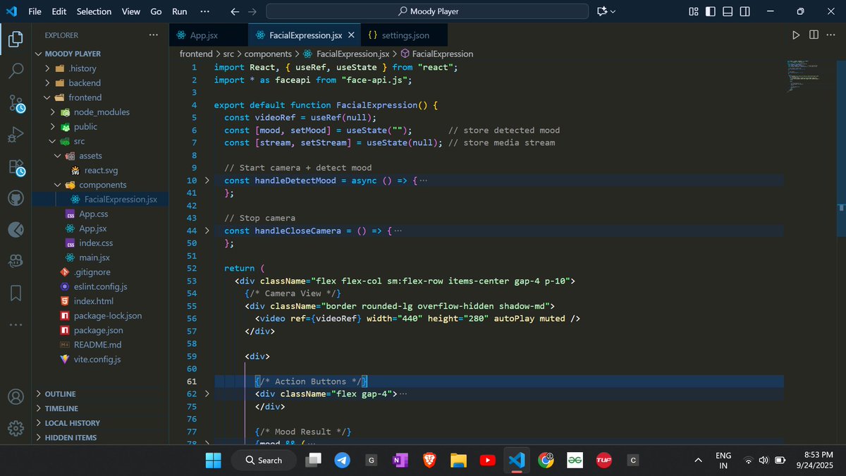 gaurav_pandeyyy's tweet image. Day 14 of my #BackendChallenge 🚀
1st Day of building “Moody Player” 🎶
A music app that detects your facial expression (via face-api.js) & plays songs matching your mood 😍🎧
Excited to build this under guidance of @ankurdotio Sir 🙌
#AI #FaceAPI #LearningInPublic