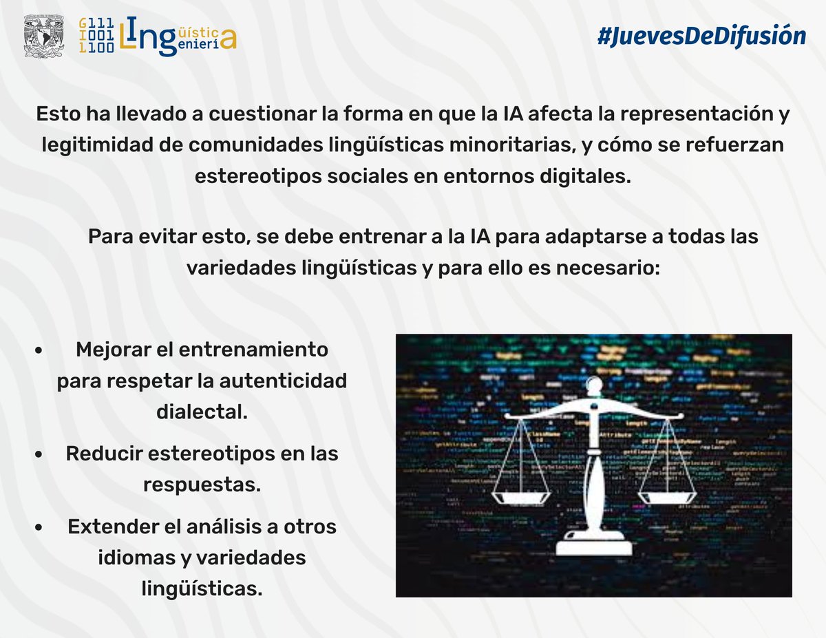 En este #JuevesDeDifusión te compartimos una importante reflexión sobre cómo los sesgos lingüísticos propician discriminación y actitudes prescriptivas en la IA ¿Tú qué piensas de todo esto? 📷📷
#gil #lingüística #ia #lingüísticacomputacional