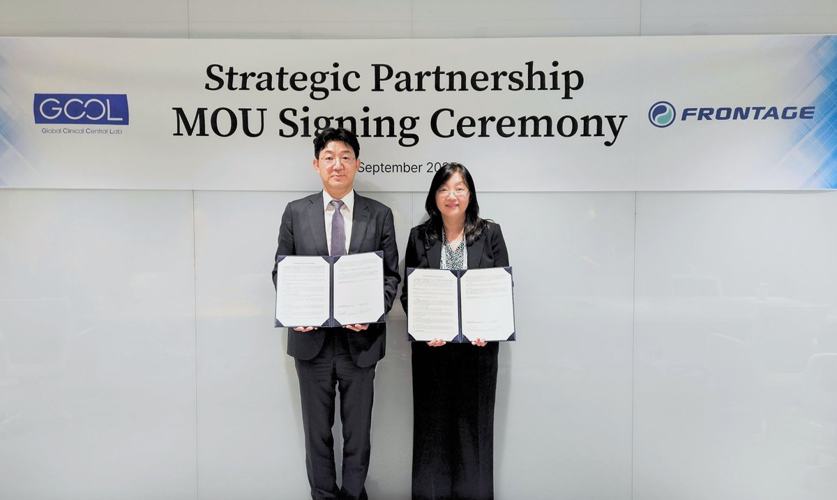 FrontageLabs's tweet image. Frontage is pleased to announce the signing of a strategic MOU with GCCL (Global Clinical Central Lab) to expand and enhance global clinical trial support.  We are pleased to embark on this partnership and look forward to its lasting impact on our clients and patients.