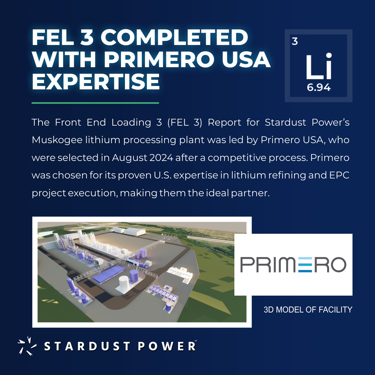 🛠️ FEL3 Completed with Primero USA, chosen for its US lithium refining &amp; EPC expertise. FEL3 delivered key technical advances &amp; a detailed cost estimate, giving us and stakeholders greater confidence to advance toward construction.
🔗zurl.co/8kEaC
$SDST #StardustPower