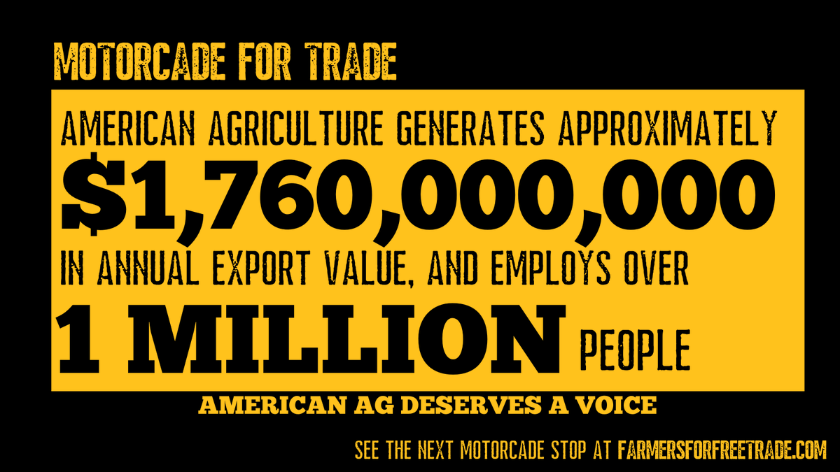 American agriculture generates more than $1.7 trillion in export value and supports over 1 million jobs.

That’s why American farmers deserve a strong voice in trade.

See where the Motorcade for Trade is headed next: farmersforfreetrade.com/motorcade-for-…
#MotorcadeForTrade #TradeMatters