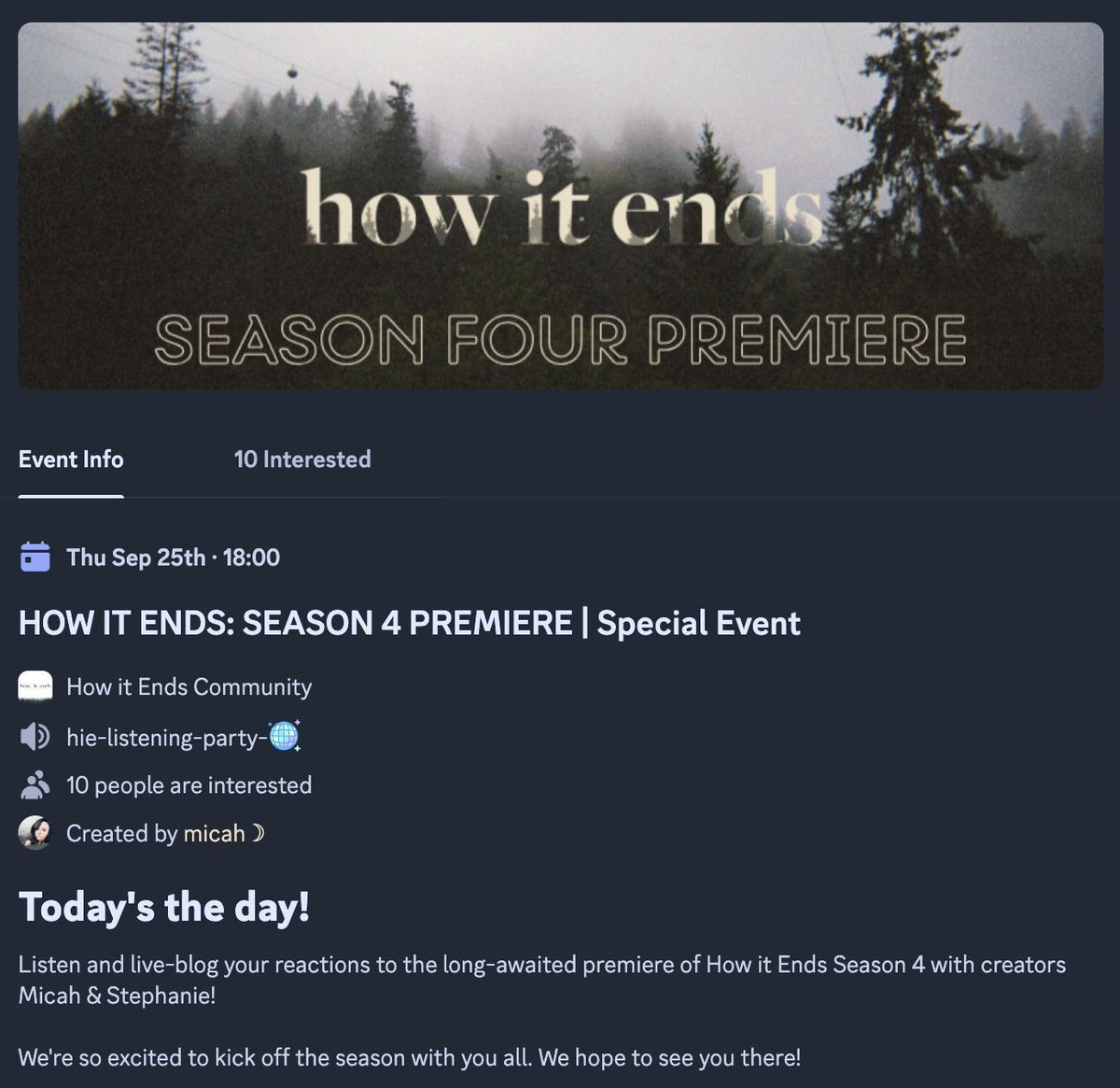 How it Ends creators Micah &amp; Stephanie are hosting a Season 4 launch listening party in the How it Ends Community Discord TOMORROW at 6:00 PM EST! Join the Discord and sign up to unravel the mystery with other fans of the show on episode drop days! buff.ly/pnrLac7